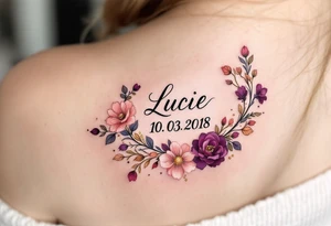 Lucie 10. 03. 2018) – A rosy peach and deep purple floral wreath, wrapping around Lucie's birthdate, with gold filigree detailing. tattoo idea