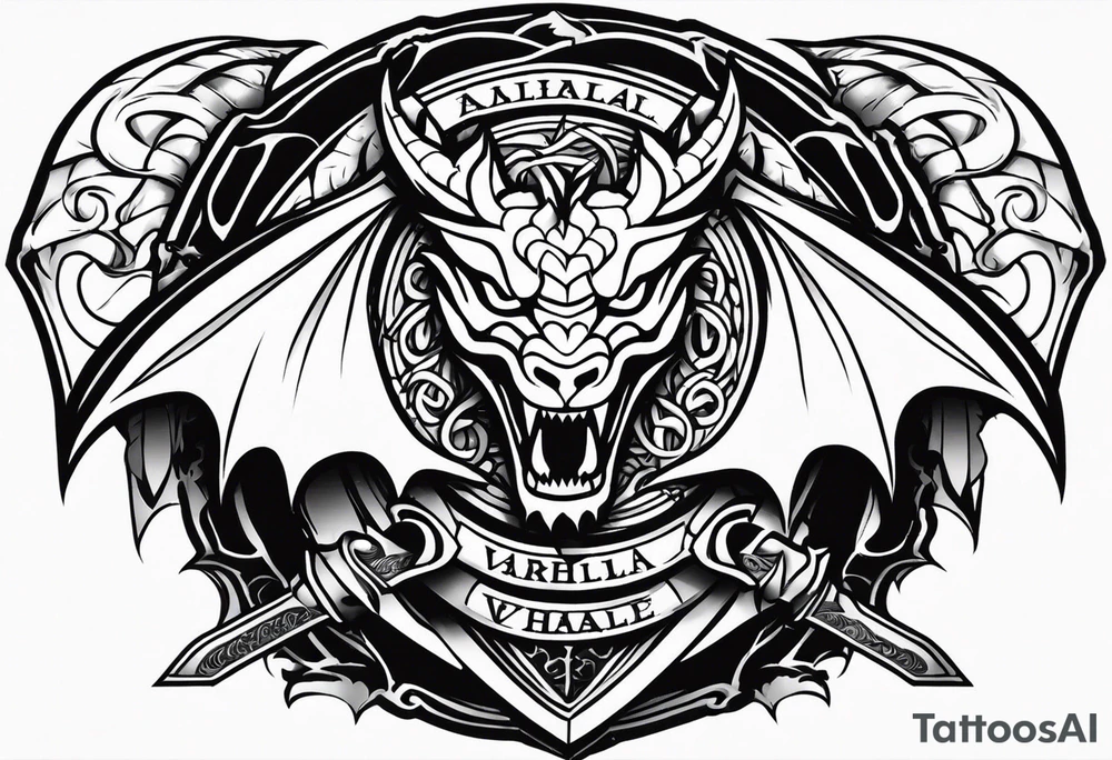Valhalla sword shield dragon head axe tattoo idea