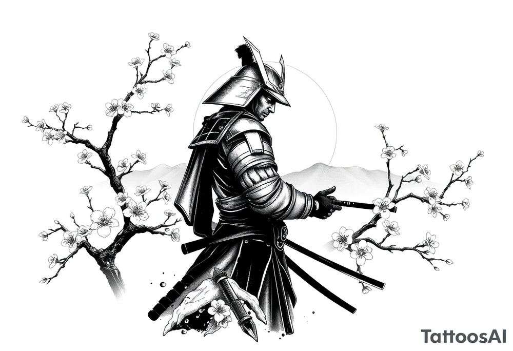 noble samurai warrior silhouette at sunset with cherry blossoms tattoo idea