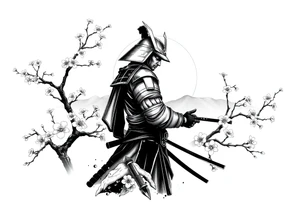 noble samurai warrior silhouette at sunset with cherry blossoms tattoo idea