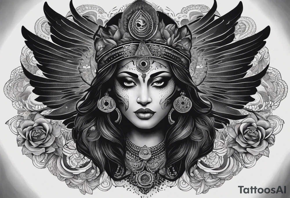 black kali, goddess pirate, alien, angel, pachamama, valkrye, warrior, flying, skull, lotus azul, wing, eagle, zenza resonance, stars, 5D, anahata chakra, death, durga, riding on a tiger, flying lady, kundalini, chest tatoo, samuri, rebel,s erpent tattoo idea