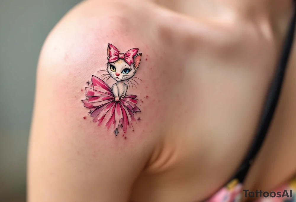 Channeling Parisian chic, this white and pink Marie with pink head bow tattoo honors The Aristocats in style. tattoo idea