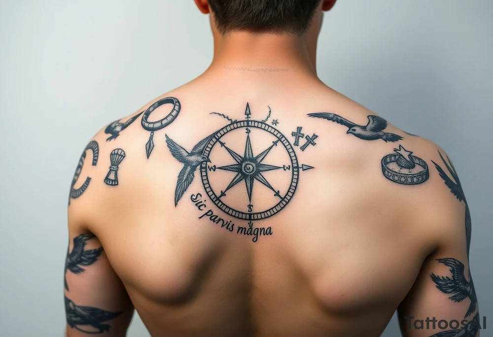 Uncharted 4 sleeve from upper elbow to shoulder including the designs of the ring, decoder, birds, map, and compass with the words sic parvis magna. tattoo idea