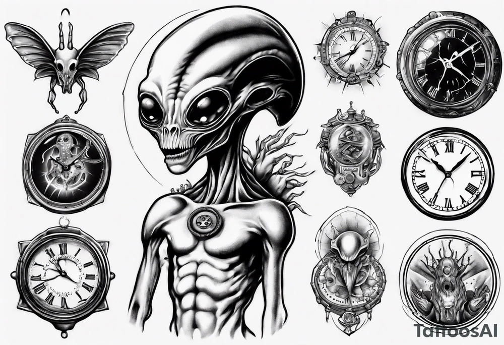 Alien holding a clock tattoo idea