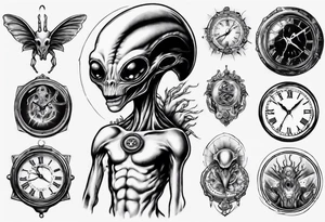 Alien holding a clock tattoo idea