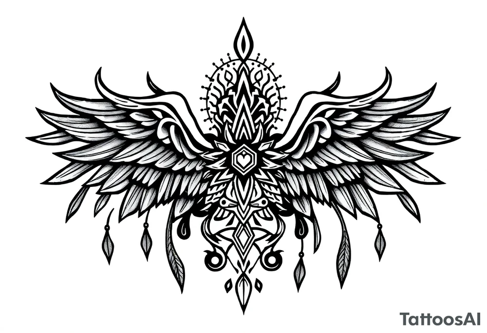 long shaman style mytical bold line with ancient rhyme tattoo idea