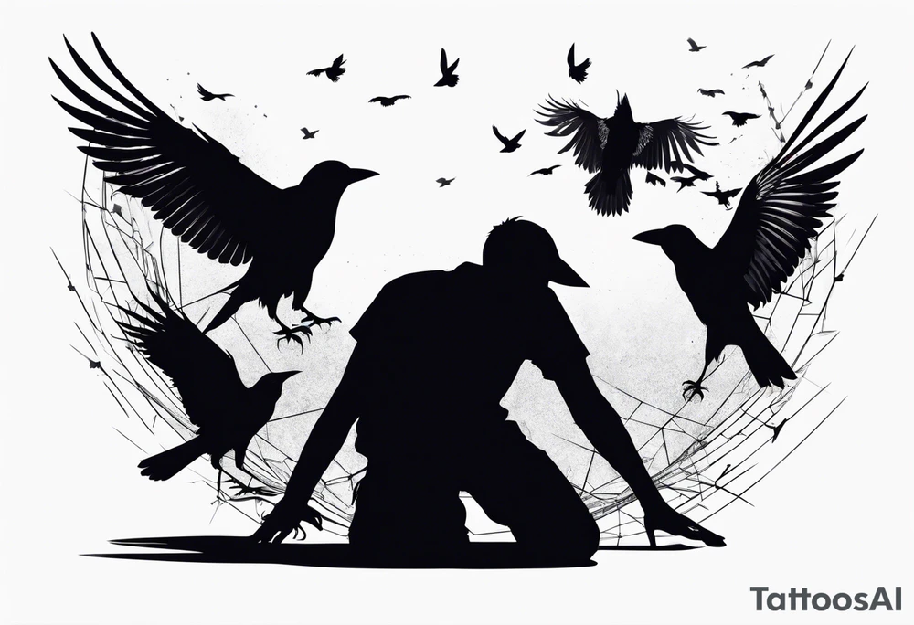 Silhouette of a man on his knees bent over with crows coming out his back like pieces of him flying away. tattoo idea