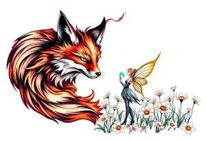 Fox made of fire with a fairy standing close to it  holding a emerild jem in a field of lillys tattoo idea