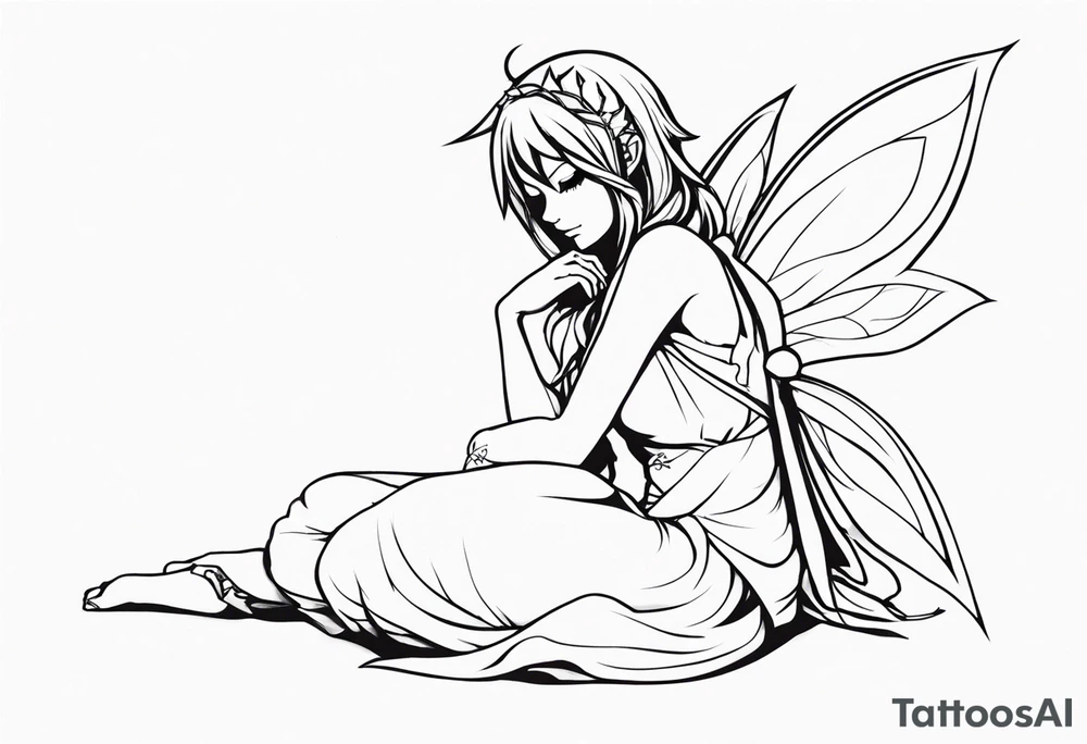 No color sketch of a fairy with a tail inspired by the guild symbol in the anime show called Fairy Tail in a fetal position leaning in and forward while crawled in hugging herself tattoo idea