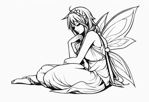 No color sketch of a fairy with a tail inspired by the guild symbol in the anime show called Fairy Tail in a fetal position leaning in and forward while crawled in hugging herself tattoo idea