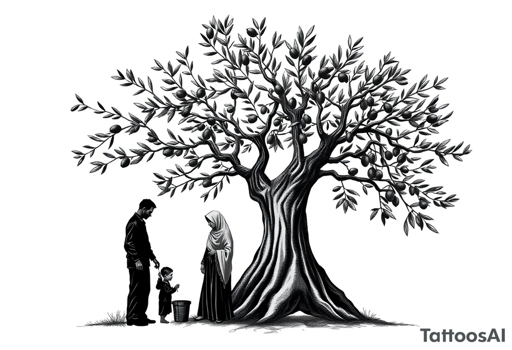 A highly detailed tattoo design featuring an olive tree with sprawling branches and textured bark. Underneath the tree, a father, a mother wearing a hijab, and their young son, all interacting with the tree as if harvesting olives. The figures are fully blacked-out silhouettes, emphasizing simplicity and elegance, while the olive tree is intricately detailed with realistic leaves and a textured trunk. The composition conveys a sense of connection, unity, and tradition, with a soft gradient background to highlight the figures and tree tattoo idea