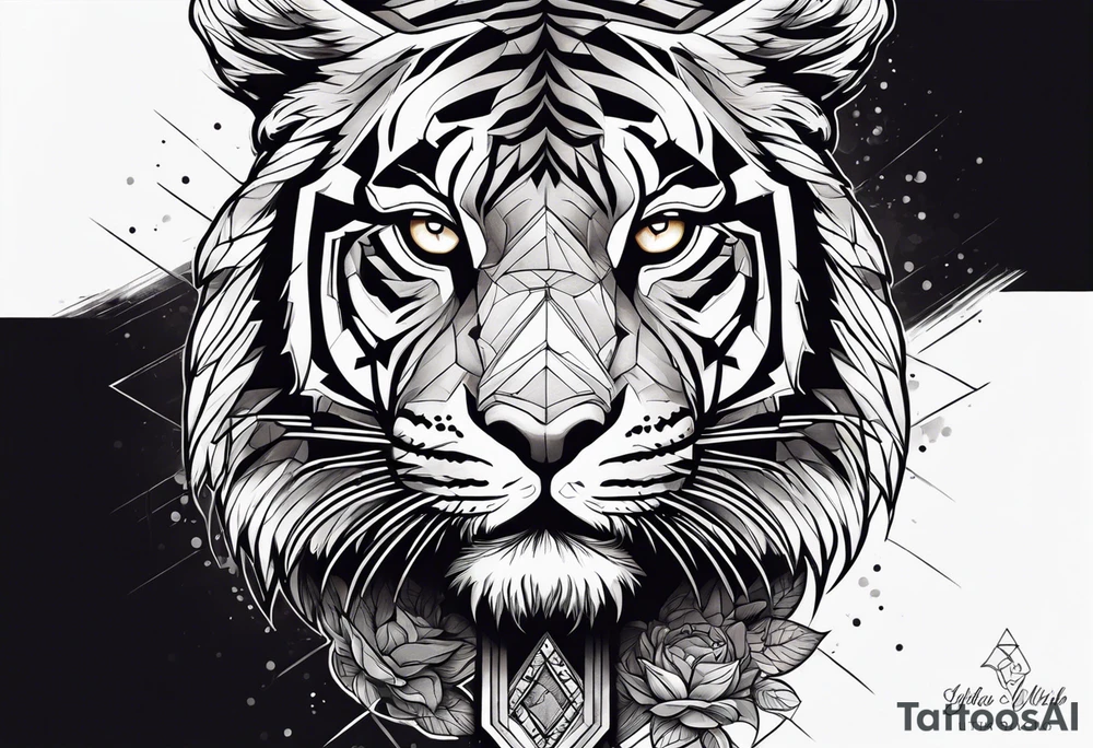 Jesus on a cross with a tiger cub walking in front tattoo idea
