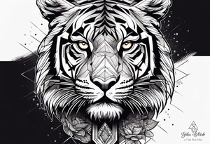 Jesus on a cross with a tiger cub walking in front tattoo idea