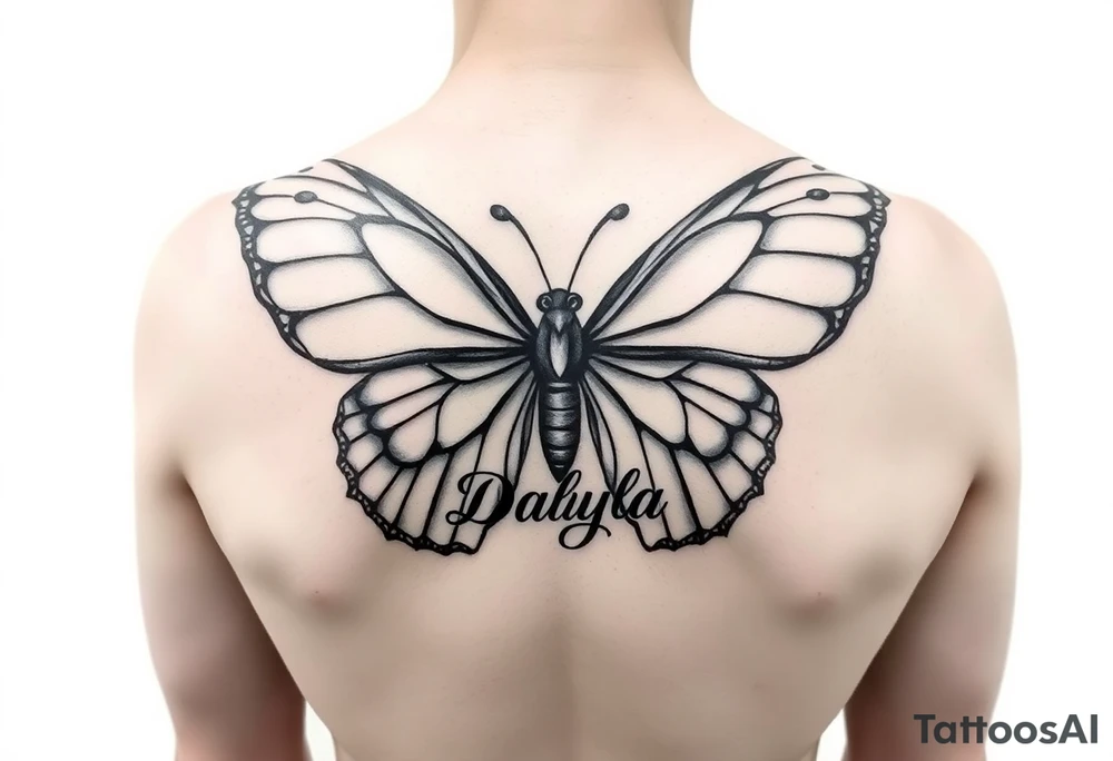 Butterfly with names Damani and Donovan made with the shape of the wingspan and the body of the Butterfly shaped with the name Dalyla tattoo idea