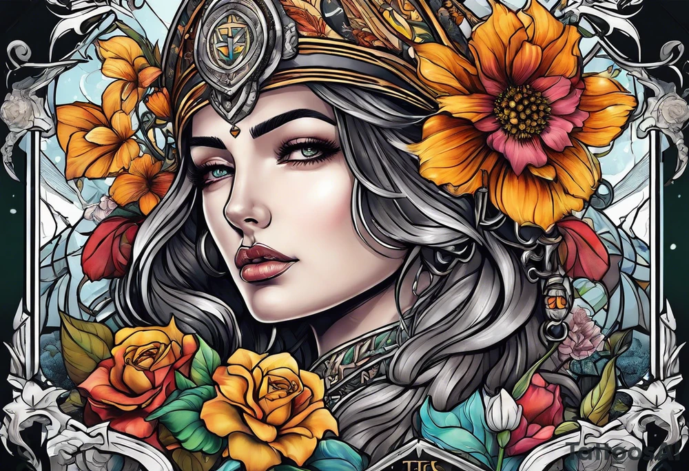 tarot justice woman flowers tattoo idea