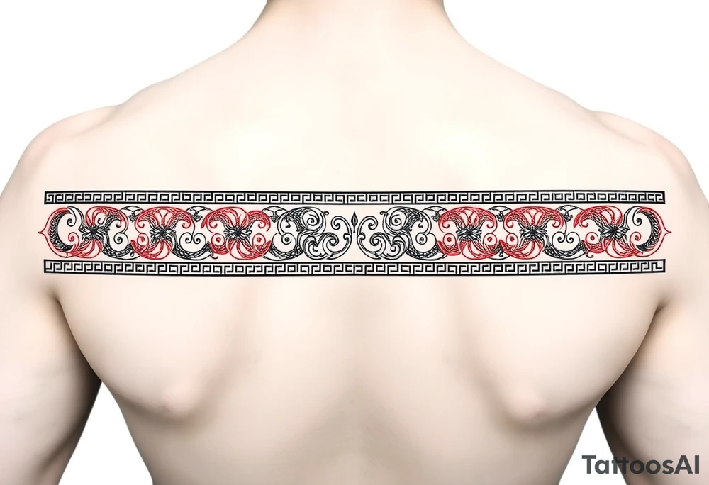 tattoo stencil, ultra-thin horizontal band (ratio 10:1), black and red line art. Fusion of:  
- Greek meander pattern,  
- Neo-tribal sharp angles,  
- Chinese dragon scales (black) and phoenix feathers (red).  
Hidden details: small Bagua trigrams in corners.  
Seamless repeating pattern, NO background, perfect for forearm wrap-around.  
Style: intricate line art, inspired by ancient Greek pottery and dotwork tattoos. tattoo idea