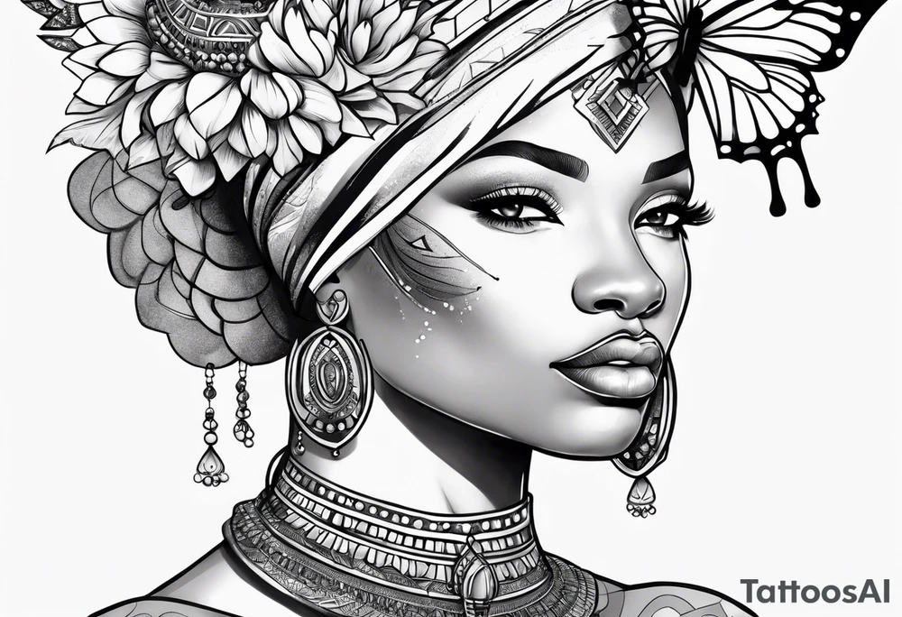 Nubian queen with flowers, butterflies and a lion tattoo idea