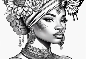 Nubian queen with flowers, butterflies and a lion tattoo idea