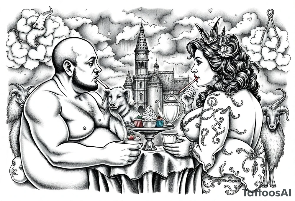 Naked Man and fat woman having sex eating cupcakes and  fruit  having sexy naked fat lady having a tea party with tea pots  with medieval castle  
with mystical  aries a pigs, peacock,  lion, goat, noose and smoking cigerettes looking in the mirror thru storm clouds and broken hearts and darkness and wrath, envy , gluttony, greed, sloth, pride . Gothic tattoo idea