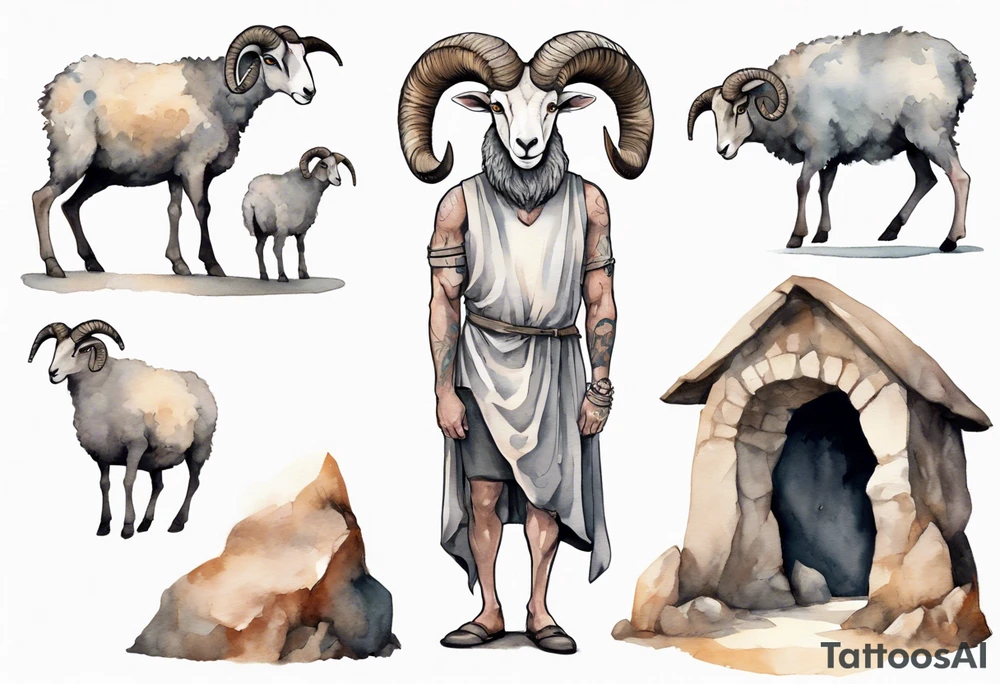 a solitary big-horned sheep with the arms and legs of a broad-shouldered man, wearing a grey tunic standing before a cave with cloven hooves for feet tattoo idea