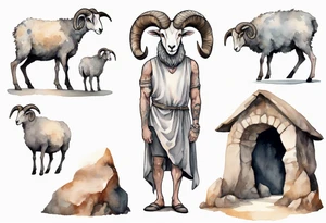 a solitary big-horned sheep with the arms and legs of a broad-shouldered man, wearing a grey tunic standing before a cave with cloven hooves for feet tattoo idea