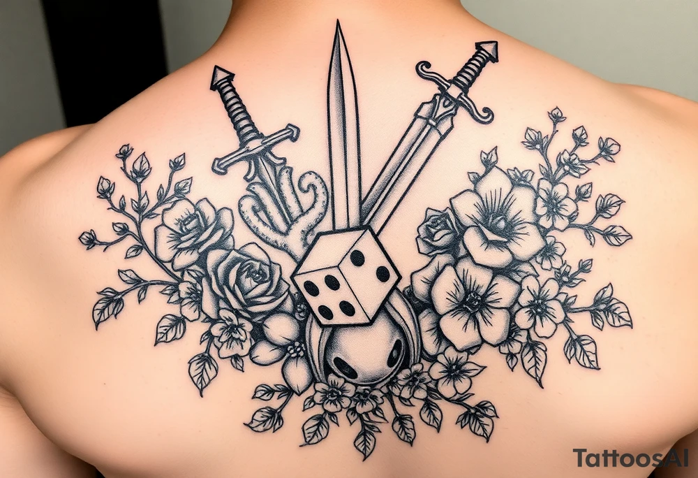 knight and sword and squid intertwined with climbing roses and thorny vines with cherry blossoms rolling dice tattoo idea