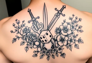 knight and sword and squid intertwined with climbing roses and thorny vines with cherry blossoms rolling dice tattoo idea