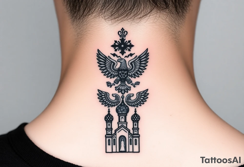Stacked Vertical Column 

Russian star — bold
Middle: double-headed eagle — simplified, cleaner lines to suit the smaller space
Bottom: Orthodox church dome(s) & a Virgin Mary silhouette beneath tattoo idea