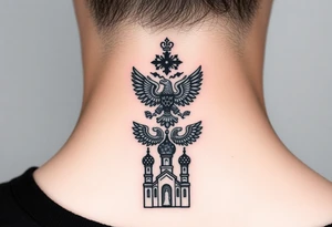 Stacked Vertical Column 

Russian star — bold
Middle: double-headed eagle — simplified, cleaner lines to suit the smaller space
Bottom: Orthodox church dome(s) & a Virgin Mary silhouette beneath tattoo idea