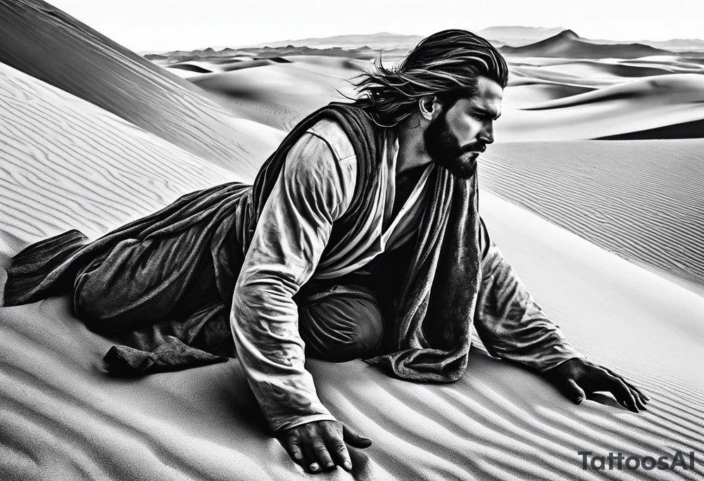 man crawling in a desert reaching to the cross of Christ tattoo idea