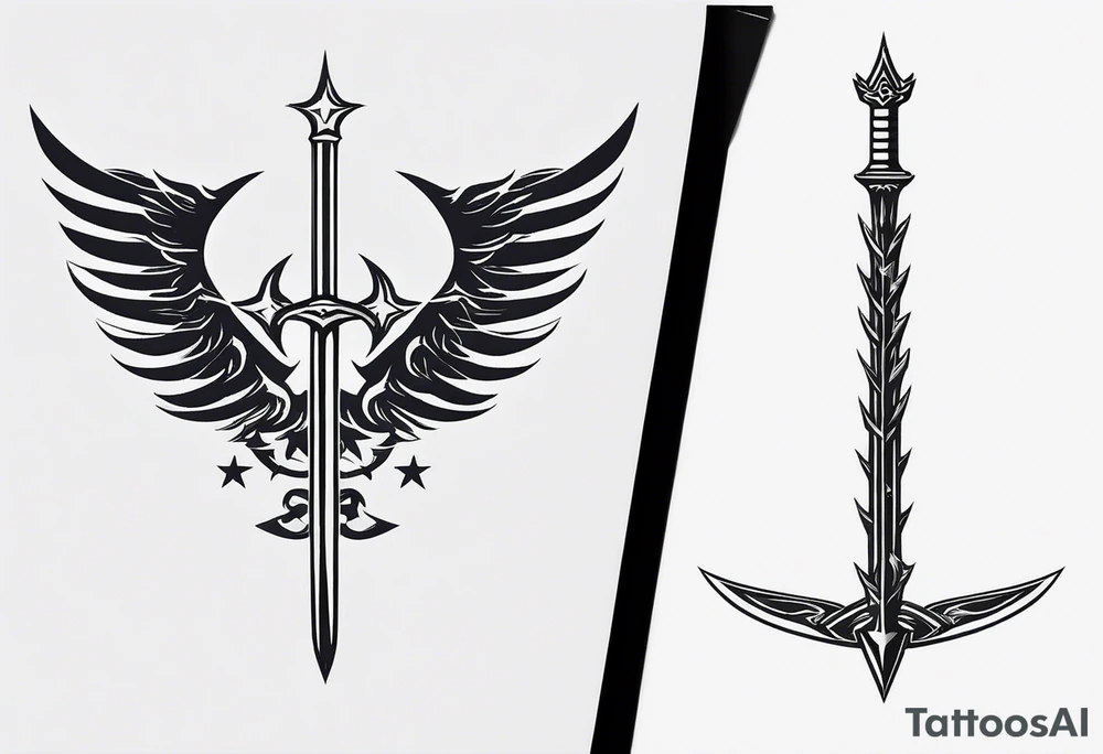 complete upper arm sleeve. Feature three mountain side by side, with 3 stars above them crossed sword patterns that evoke the Valkyrie spirit. Keep the design in clean, simple lines. tattoo idea