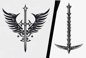 complete upper arm sleeve. Feature three mountain side by side, with 3 stars above them crossed sword patterns that evoke the Valkyrie spirit. Keep the design in clean, simple lines. tattoo idea