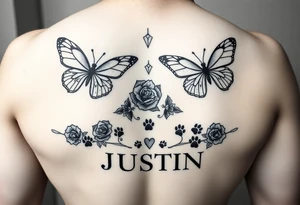 Butterflies with roses and 🐾 paw prints and the name JUSTIN tattoo idea
