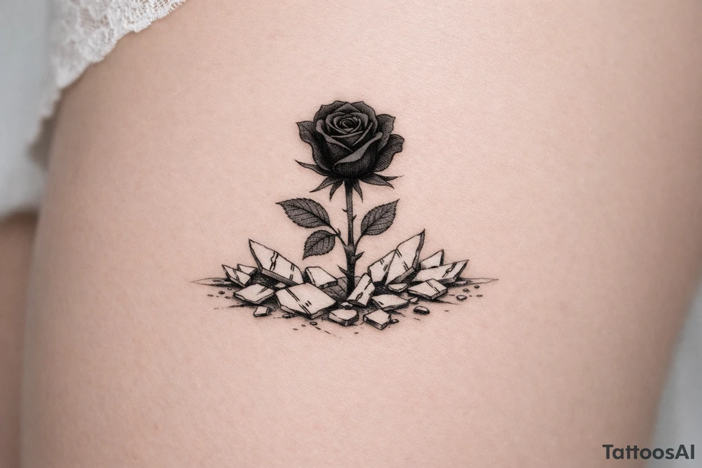 A single dark rose emerging from a field of mirror fragments. tattoo idea