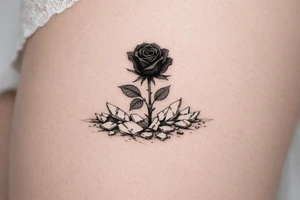 A single dark rose emerging from a field of mirror fragments. tattoo idea