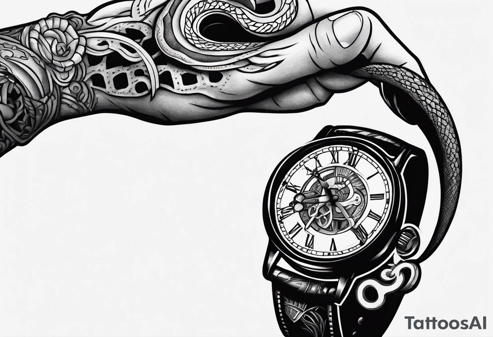 Hand tattoo snake biting clock with skeleton hand bone on wrist tattoo idea