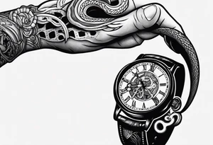 Hand tattoo snake biting clock with skeleton hand bone on wrist tattoo idea
