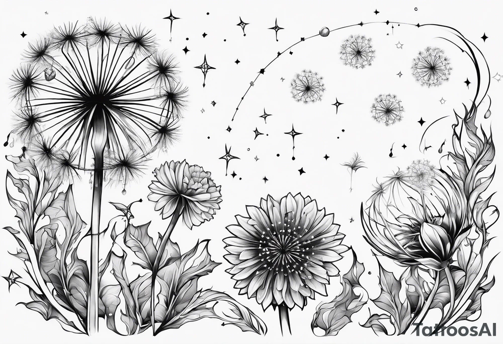 Dandelions with just breathe and the constellations cancer, Virgo, Sagittarius, Aries and Pisces as the petals tattoo idea