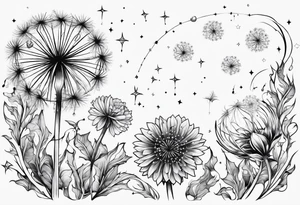 Dandelions with just breathe and the constellations cancer, Virgo, Sagittarius, Aries and Pisces as the petals tattoo idea