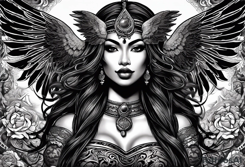 black kali, goddess pirate, alien, angel, pachamama, valkrye, warrior, flying, skull, lotus azul, wing, eagle, zenza resonance, stars, 5D, anahata chakra, death, durga, riding on a tiger, flying lady, chest tatoo tattoo idea