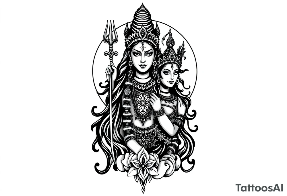Lord Shiva, Godess Kali, Godess Lilith with the moon phases in the background tattoo idea