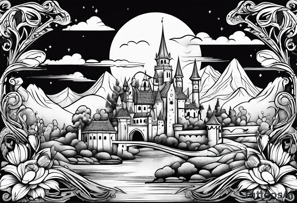 medieval tribal city floral land vignette tattoo idea