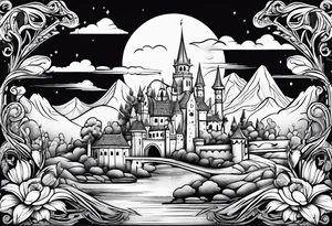 medieval tribal city floral  land  vignette tattoo idea