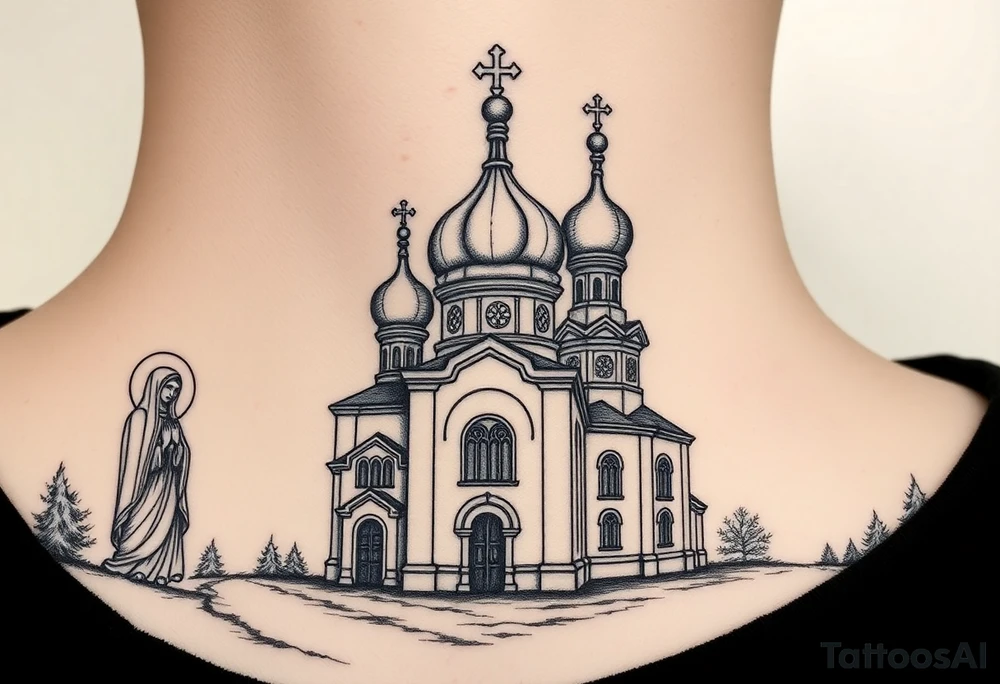 Russian orthodox church with bulb domes with a prominent russian orthodox style virgin mary stood outside to the left tattoo idea