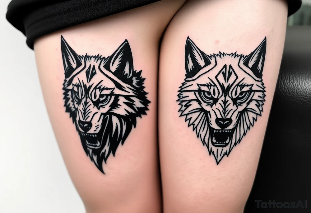 Side by side black wolf face and white wolf face tattoo idea