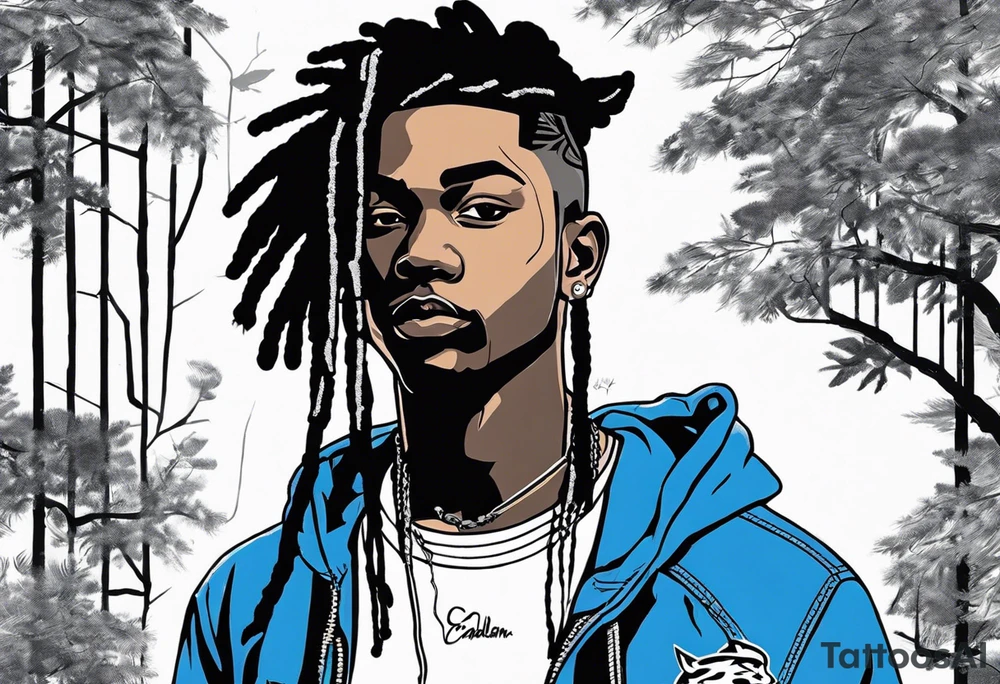 black well built teen with with a grey hoodie on and blue jeans with long dreads turning into a blue wildcat in various spots on his body. I want his hoodie appear as if its been ripped in random places from the inside with I Carolina blue football jersey showing underneath that reads Camden tattoo idea