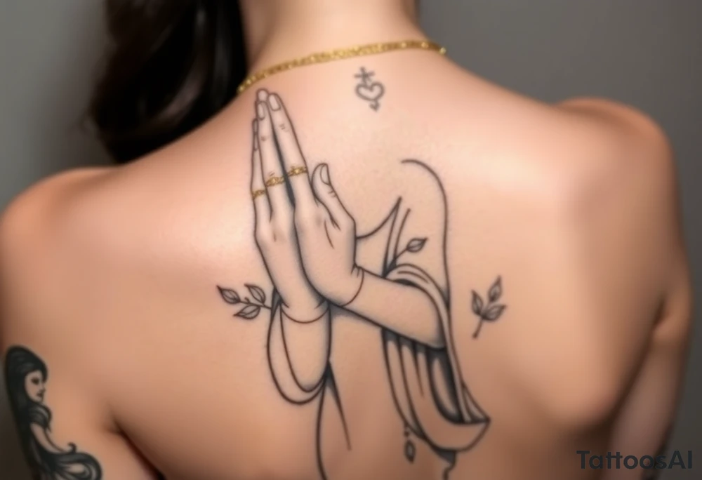 Based on that statue, modify it as if it were praying, with tattoos/damaged statue, with gold necklaces, jewelry, criminal, black and white tattoo style, arm, more feminine. tattoo idea