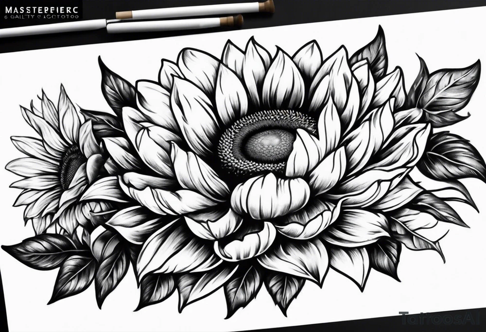 Foral sunflower and roman numeral sleeve tattoo idea