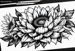 Foral sunflower and roman numeral sleeve tattoo idea