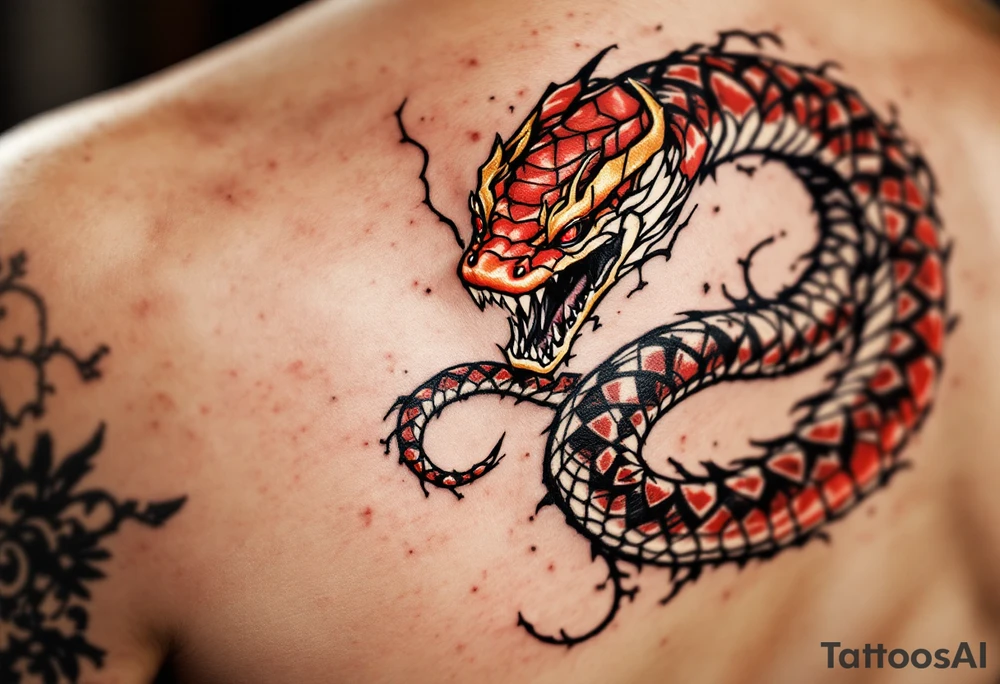 A scarlet red cobra, poised to strike, with golden hood markings and obsidian eyes. tattoo idea